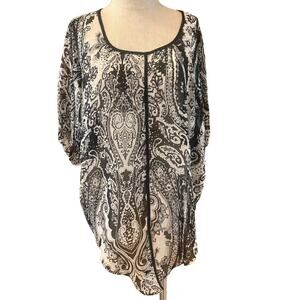 Style&co. Blouse Top Womens Large Black White Paisley Beaded Balloon Sleeve